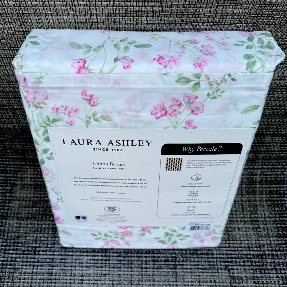 Laura Ashley Fawna Raspberry Green Floral Cotton Percale TWIN XL Sheet Set 3pc - Picture 4 of 10